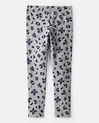 Girls Butterfly Leopard Print Pull-On Stretch Leggings - Grey