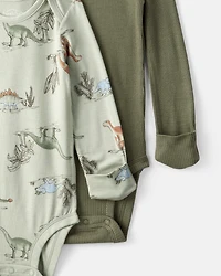 Baby Boy 2-Pack Dinosaur Print PurelySoft Long-Sleeve Multipack Bodysuits - Green