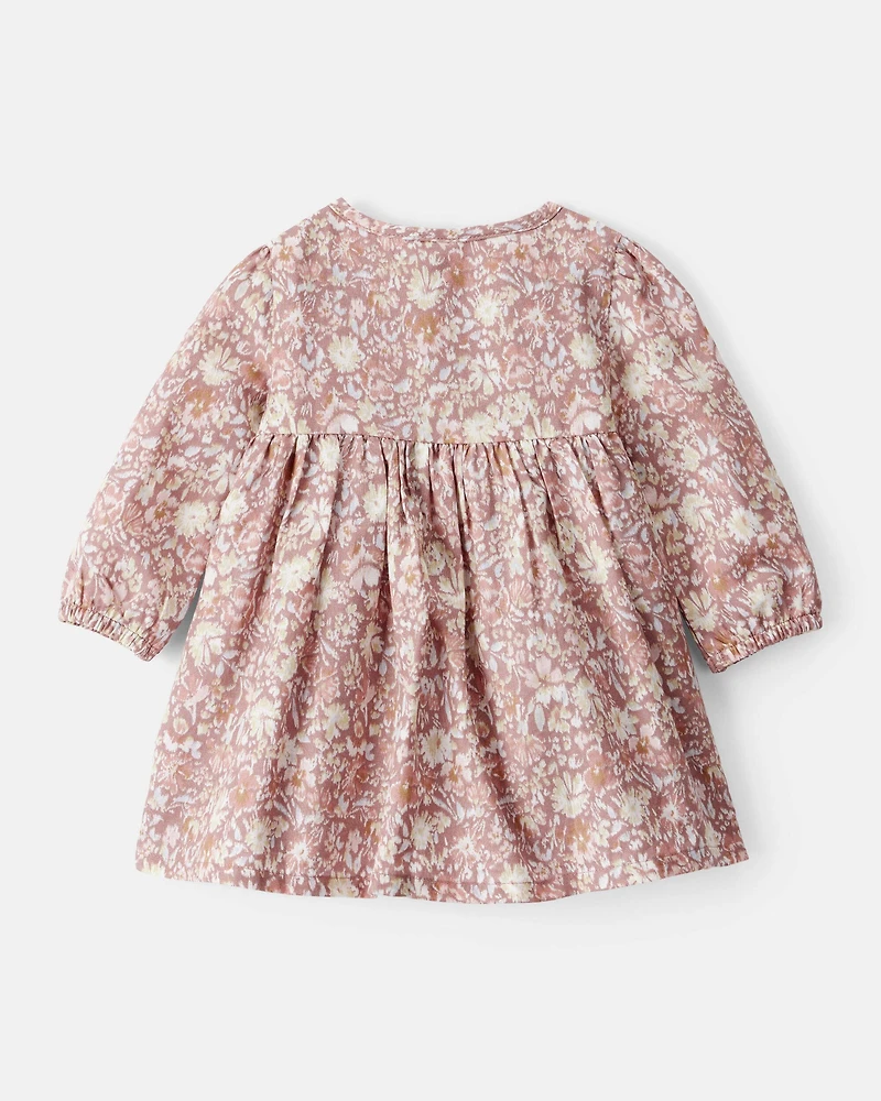 Baby Girl Floral Cotton Long-Sleeve Dress - Pink