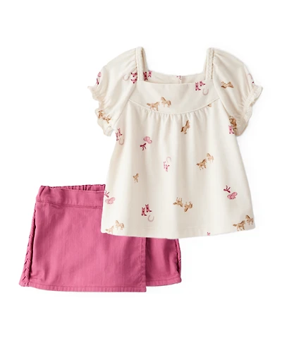 Baby Girl 2-Piece Cowgirl Print Bodysuit & Cotton Skort Set - Cream/Pink