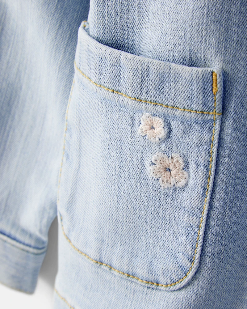 Toddler Girl Flower Embroidered Denim Jacket - Light Wash