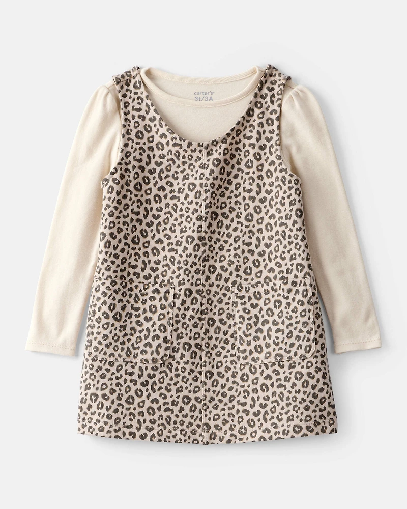 Toddler Girl 2-Piece Leopard Print Cotton Long-Sleeve Dress Set - Brown