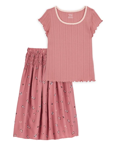 Kid 2-Piece Pointelle Tee & Butterfly Maxi Skirt Set - Pink