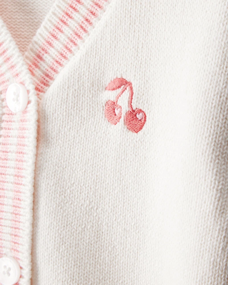 Toddler Girl Cherry Cotton Long-Sleeve Sweater - White