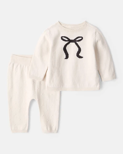 Baby Girl Bow Cotton Long-Sleeve Sweater & Pant Set - White
