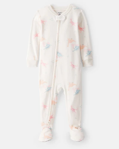 Toddler Girl Dinosaur 100% Cotton Long-Sleeve 1-Piece Pajamas - White