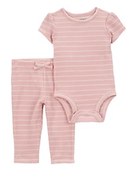 Baby Girl 2-Piece Striped Short-Sleeve Waffle Knit Bodysuit Pant Set - Pink