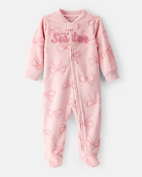 Baby Girl Bow Print Loose Fit Long-Sleeve Sleep & Play - Pink