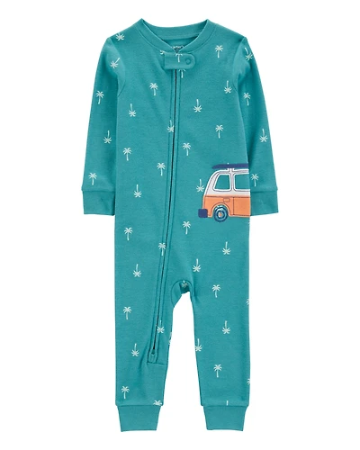 Toddler Boy Car Palm Tree Snug Fit Cotton Footless 1-Piece Pajamas - Turquoise