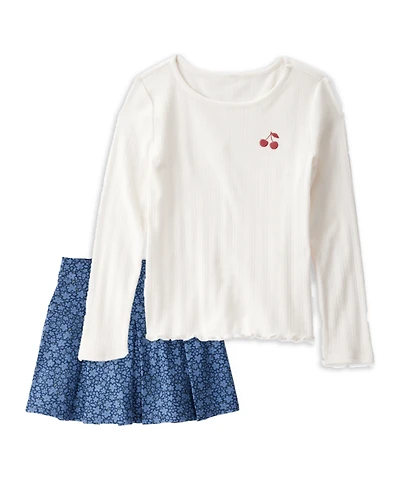 Girls 2-Piece Cherry Embroidered Top & Pleated Skort Set - Ivory/Navy