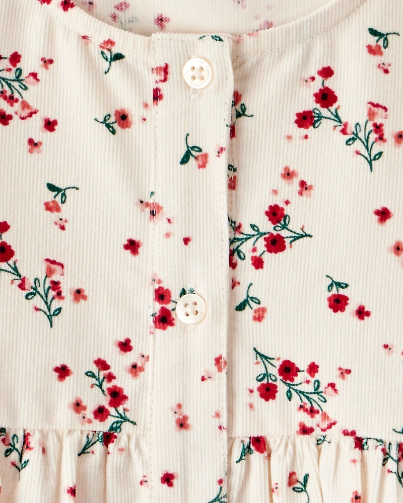 Toddler Girl Floral Print Corduroy Long-Sleeve Dress - White