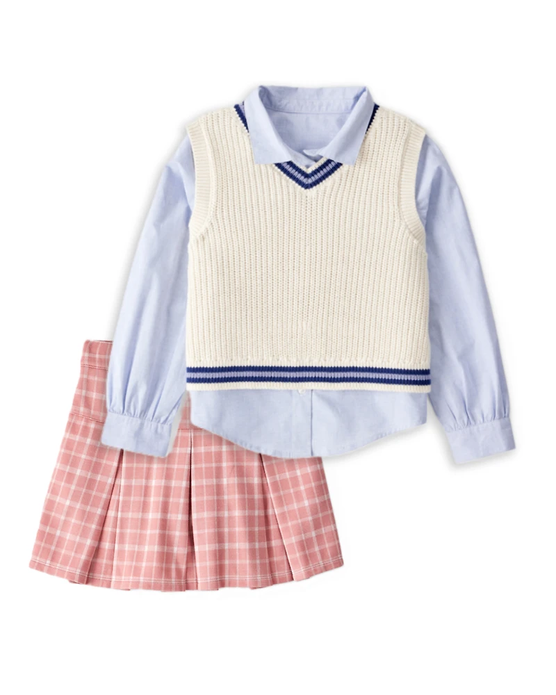 Girls 3-Piece Button-Front Shirt, Sweater Vest & Plaid Skort Set - Multi