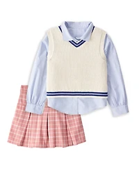 Girls 3-Piece Button-Front Shirt, Sweater Vest & Plaid Skort Set - Multi