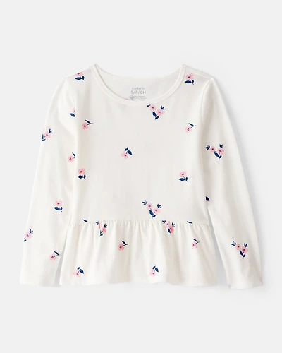 Girls Floral Long-Sleeve Peplum Top - Ivory