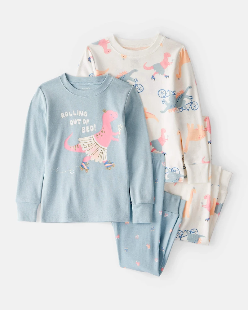 Toddler Girl Dinosaur Print 100% Cotton Long-Sleeve 4-Piece Pajamas - Blue/White