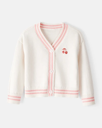 Toddler Girl Cherry Cotton Long-Sleeve Sweater - White