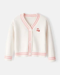 Toddler Girl Cherry Cotton Long-Sleeve Sweater - White