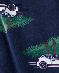 Toddler Christmas Cars Velour Long-Sleeve Snug Fit 1-Piece Pajamas - Navy