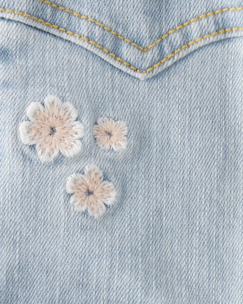 Baby Girl Flower Embroidered Denim Jacket - Light Wash