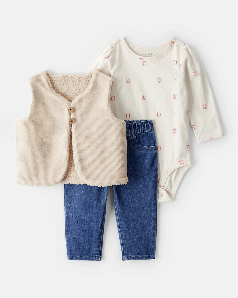 Baby Girl 3-Piece Floral Motif Velour Vest Outfitt Set