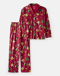 Adult Dr. Seuss™ The Grinch Print Fleece Long-Sleeve Loose Fit 2-Piece Pajamas - Red