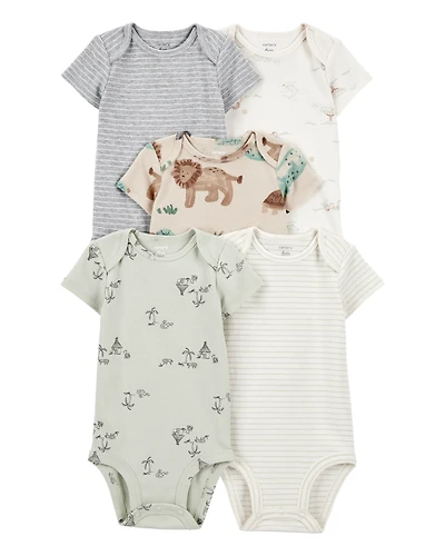 Baby Boy 5-Pack Safari Short Sleeve Bodysuits - Beige/Cream/Grey/Green