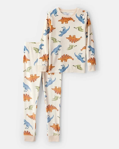 Boys Dinosaur Print DreamPlush Long-Sleeve Snug Fit 2-Piece Pajamas - Tan