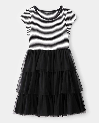 Kid Halloween Striped Tiered Tulle Dress - Black