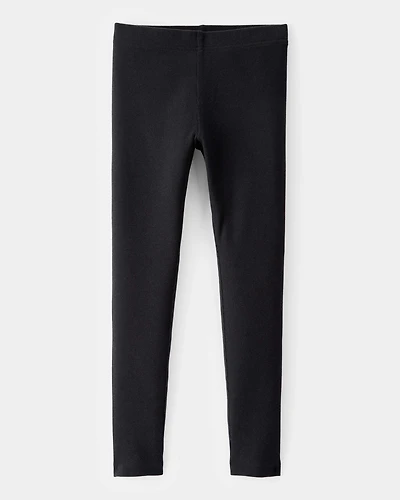 Kid Solid Cotton Ribbed Stretch Leggings - Black