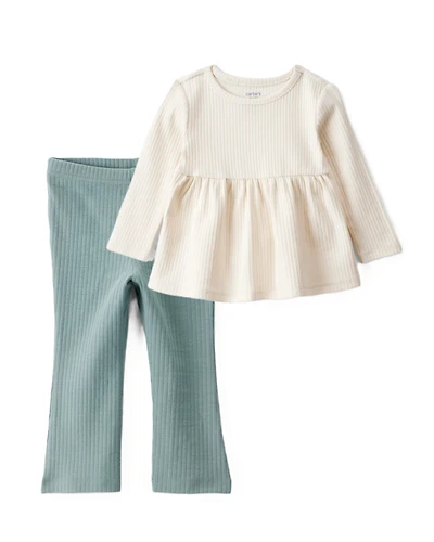 Baby Girl 2-Piece Long-Sleeve Peplum Top & Flare Leggings Set - Ivory/Green