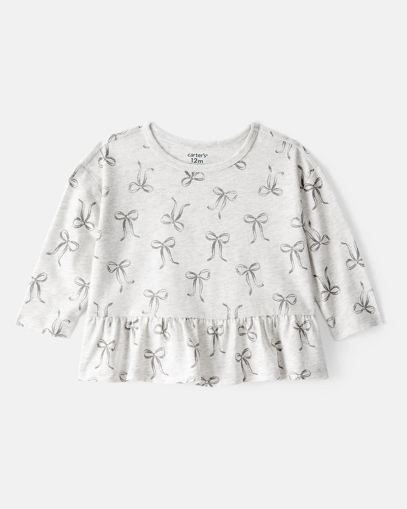 Baby Girl Bow Print Long-Sleeve Peplum Top