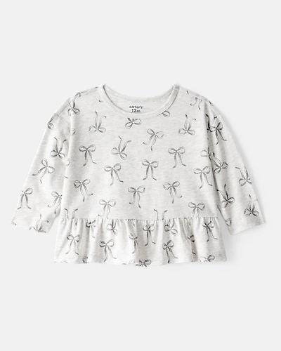 Baby Girl Bow Print Long-Sleeve Peplum Top