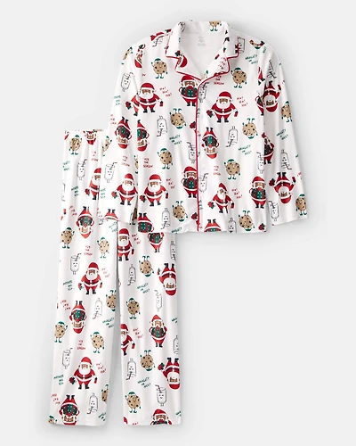 Adult Brown Santa Milk & Cookies Fleece Long-Sleeve Loose Fit - White