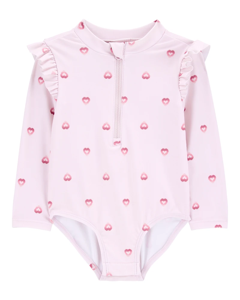 Baby 1-Piece Heart-PrintLong-Sleeve Rashguard Swimsuit - Pink