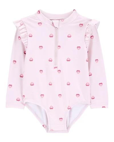 Baby 1-Piece Heart-PrintLong-Sleeve Rashguard Swimsuit - Pink