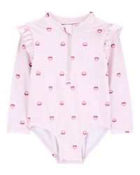 Baby 1-Piece Heart-PrintLong-Sleeve Rashguard Swimsuit - Pink