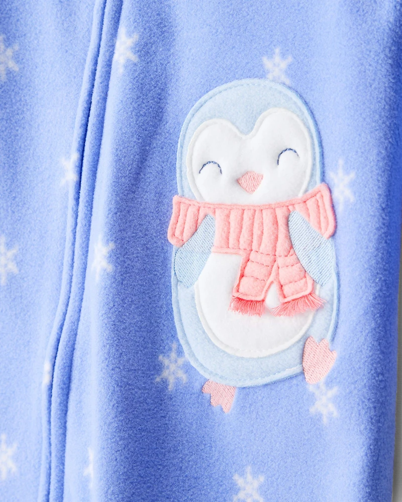 Toddler Girl Penguin Fleece Long-Sleeve Loose Fit 1-Piece Pajamas - Blue