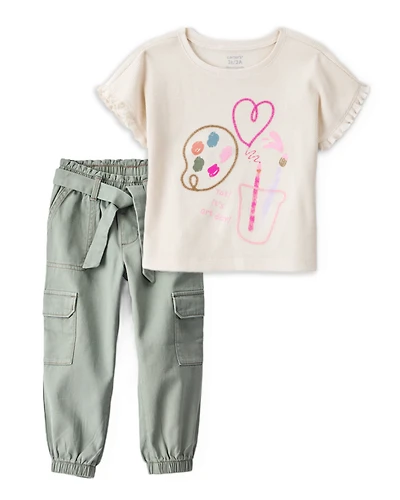 Toddler Girl 2-Piece Arts & Crafts Top & Cotton Cargo Joggers Set - Ivory/Green