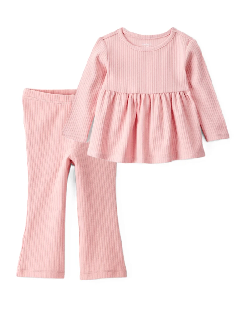 Baby Girl 2-Piece Long-Sleeve Peplum Top & Cotton Flared Leggings Set - Pink