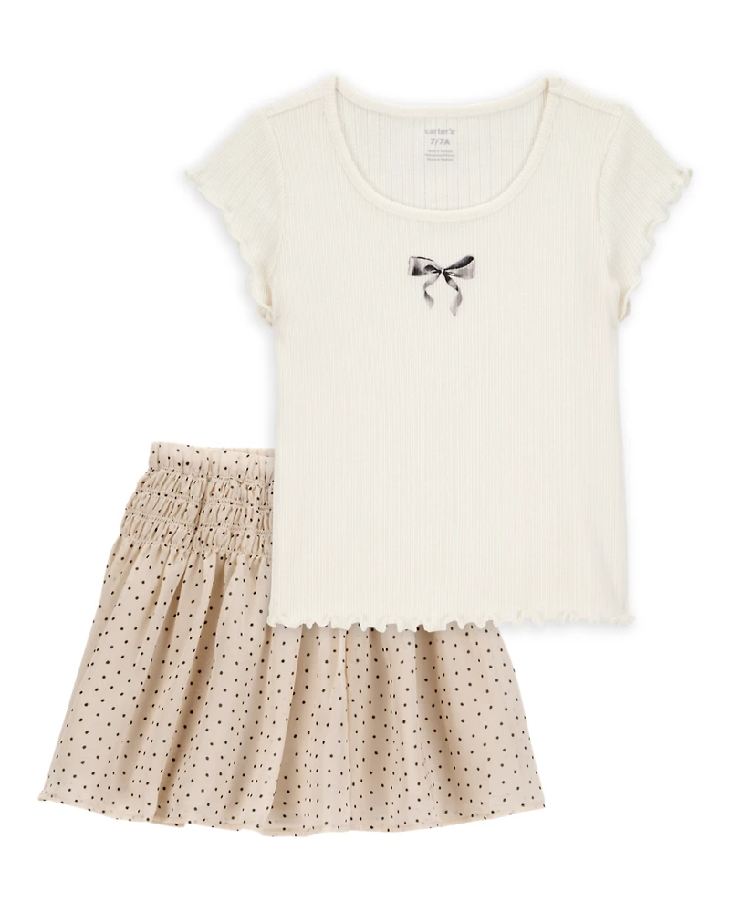 Kid 2-Piece Butterfly Pointelle Tee & Polka Dot Chiffon Skirt Set - Tan/White