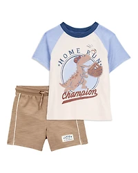 Toddler 2-Piece Dinosaur Baseball Tee & Pull-On Shorts Set - Cream/Brown