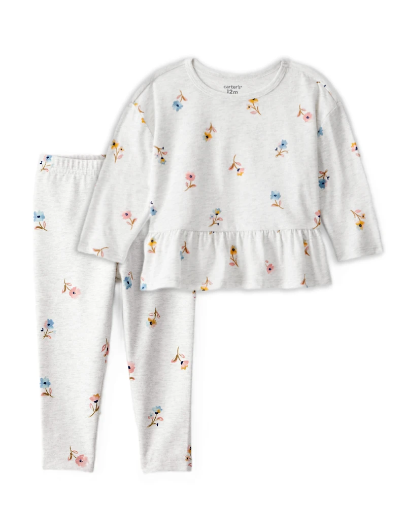 Baby Girl 2-Piece Floral Peplum Top & Pull-On Leggings Set - Grey