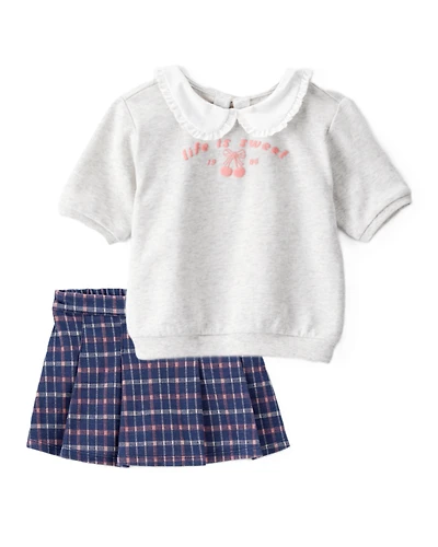 Toddler Girl 2-Piece Cherry French Terry Tee & Plaid Skirt Set - Grey/Navy