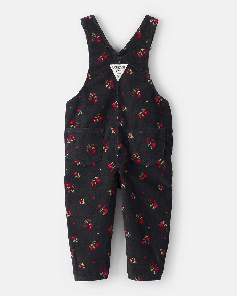 Baby Girl Floral Print Corduroy Overalls - Black