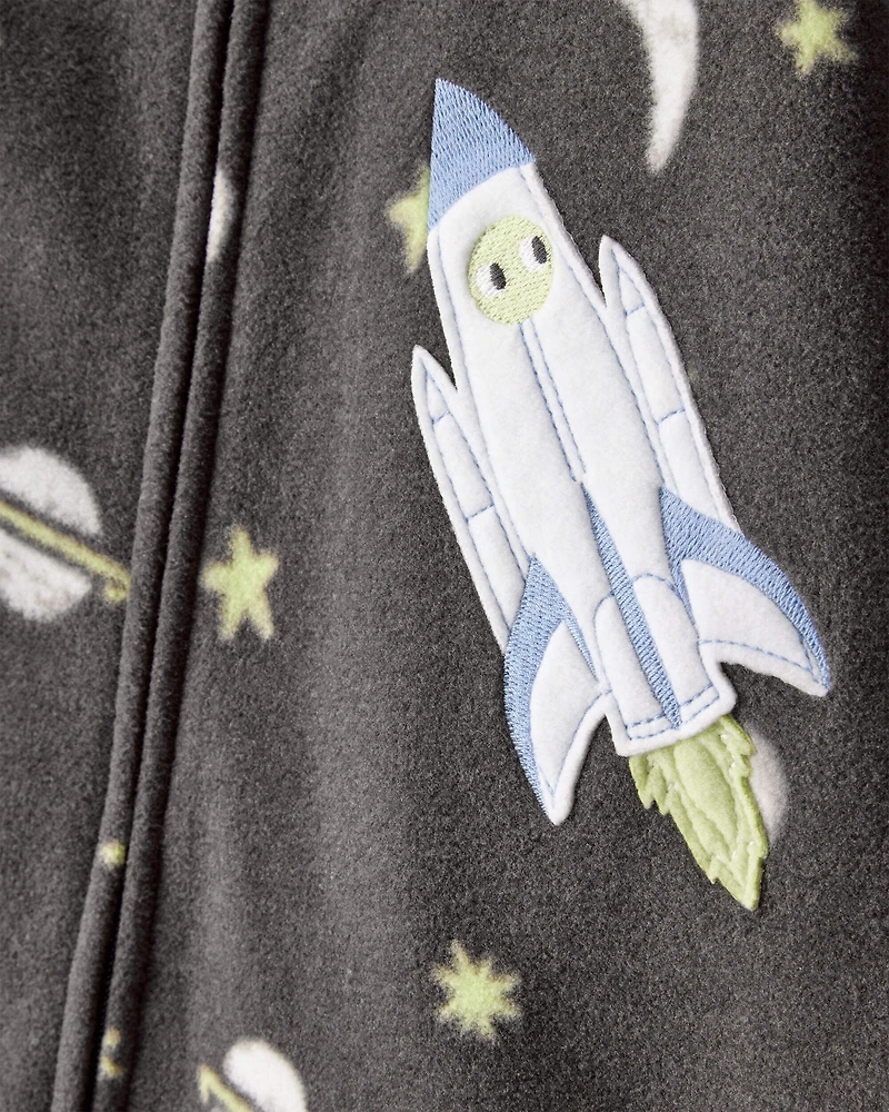 Baby Boy Spaceship Star Print Fleece Loose Fit 1-Piece Pajamas - Grey