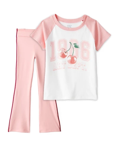 Girls 2-Piece Cherry Graphic Tee & Knit Flare Pants Set - Ivory/Pink