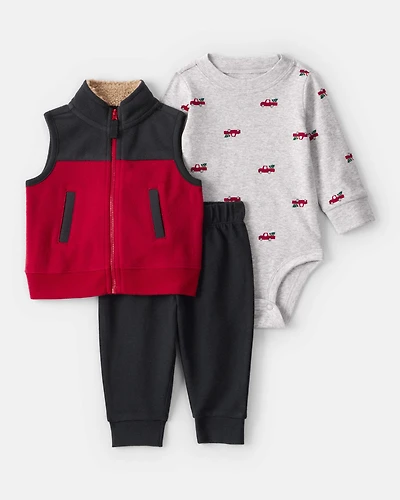 Baby Boy 3-Piece Christmas Tree & Truck Print Vest, Bodysuit Pant Set - Red/Black/Grey