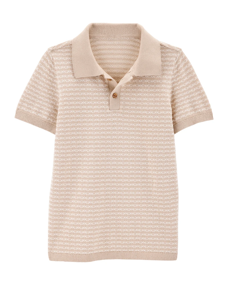 Kid Coastal Striped Knit Polo Shirt - Khaki