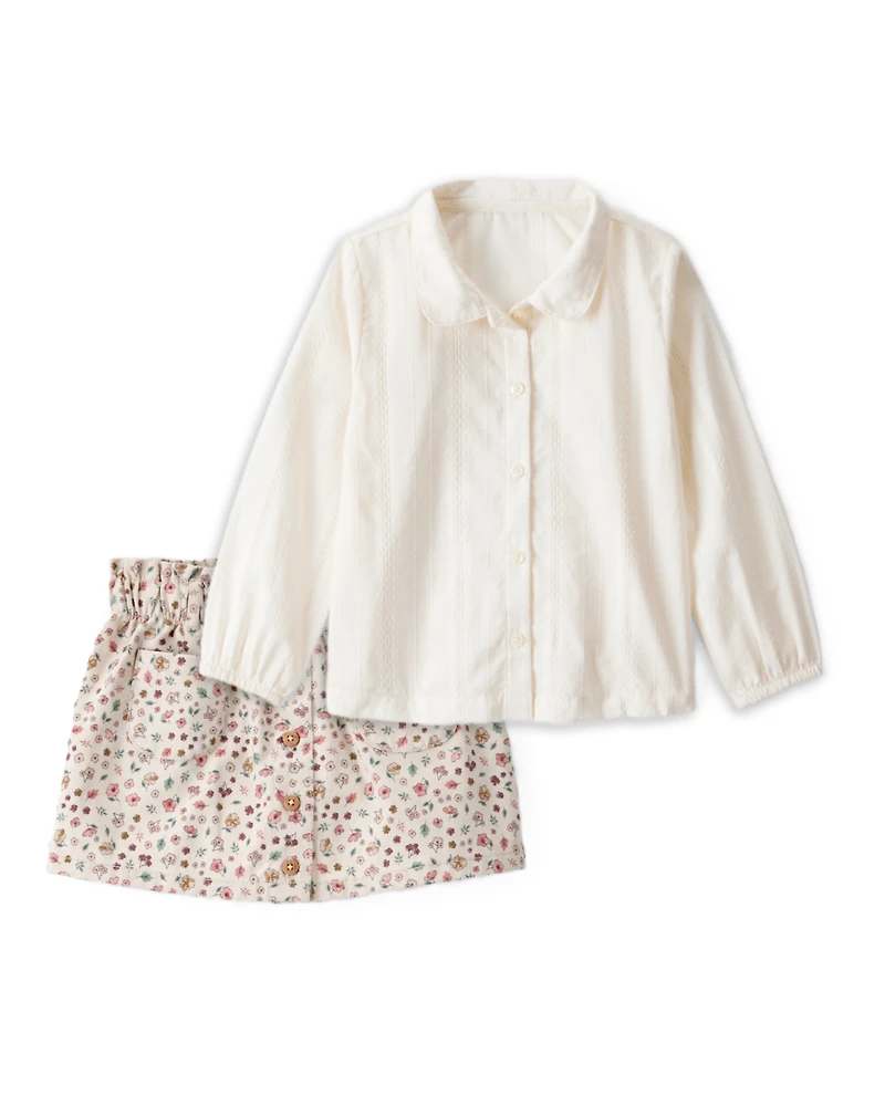 Toddler Girl 2-Piece Long-Sleeve Button-Down Top & Floral Print Cotton Skirt Set - Multi