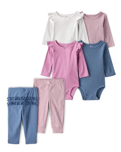 Baby Girl 6-Piece Multipack Bodysuits & Pull-On Pants Set - Multi
